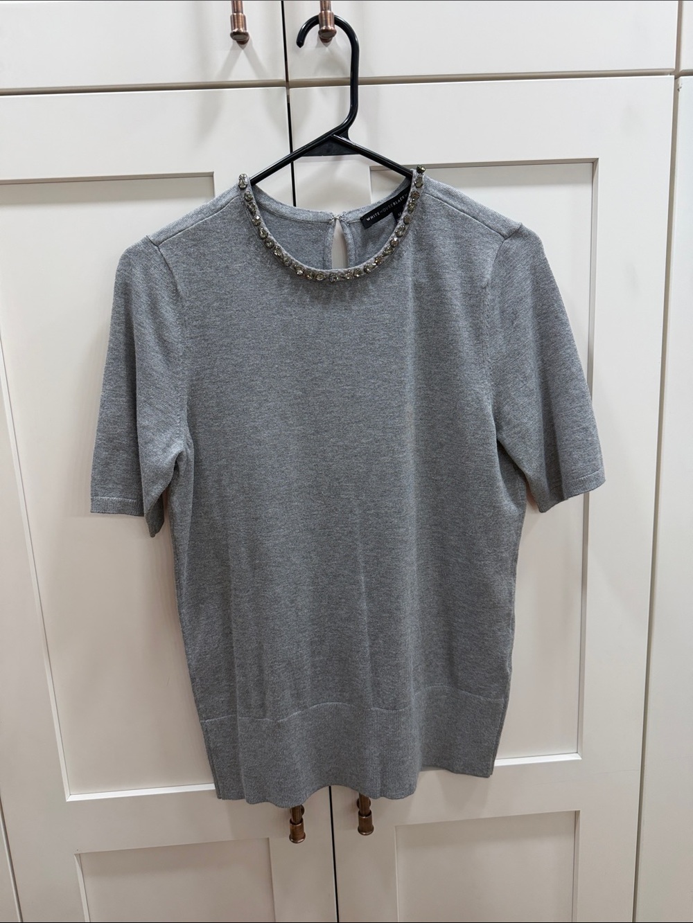 White House Black Market Gray Jeweled Crewneck Short-Sleeve Top